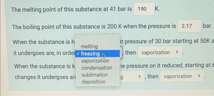60 Solid Liquid 50 40 P Bar 30 Oz Gas 10 50 100 150 250 350 400 200 T K The Melting Point Of This Substance At 41 B 3