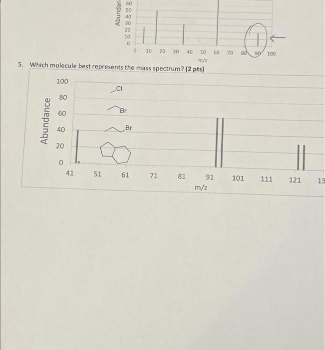 60 50 40 30 20 10 Os 70 80 90 100 0 10 20 30 40 50 60 M Z 5 Which Molecule Best Represents The Mass Spectrum 2 Pts 1 1