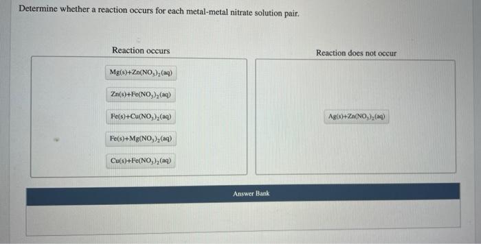 Determine Whether A Reaction Occurs For Each Metal Metal Nitrate Solution Pair Reaction Occurs Reaction Does Not Occur 1
