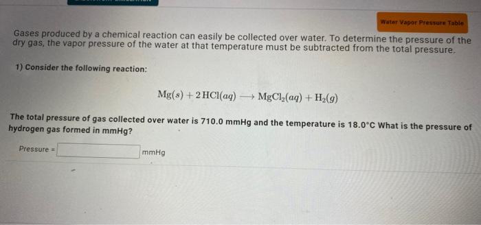 Water Vapor Pressure Table Gases Produced By A Chemical Reaction Can Easily Be Collected Over Water To Determine The Pr 1