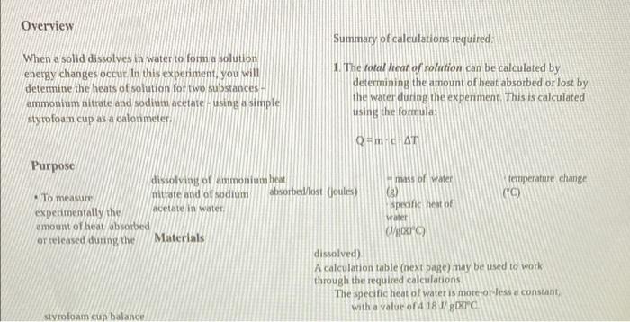 Overview Summary Of Calculations Required When A Solid Dissolves In Water To Form A Solution Energy Changes Occur In T 1