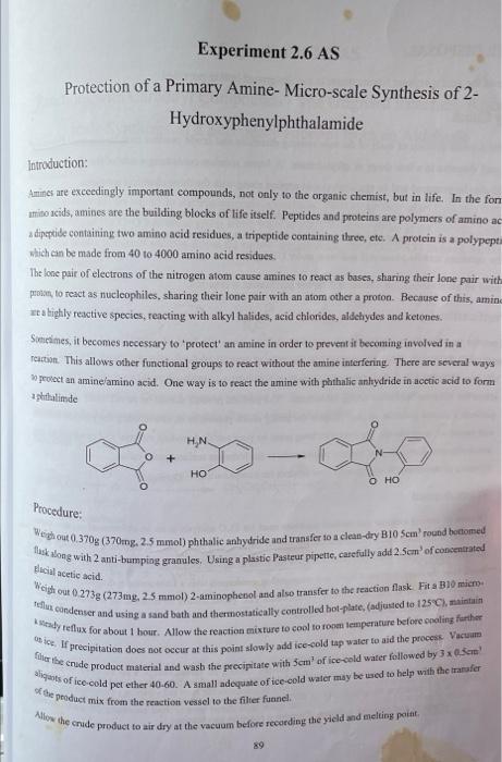 Experiment 2 6 As Protection Of A Primary Amine Micro Scale Synthesis Of 2 Hydroxyphenylphthalamide Introduction Amin 2