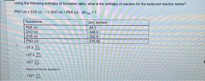 Using The Following Enthalpy Of Formation Table What Is The Enthalpy Of Reaction For The Balanced Reaction Below Pbo 1