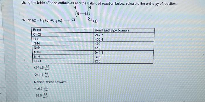 Using The Table Of Bond Enthalpies And The Balanced Reaction Below Calculate The Enthalpy Of Reaction H H N N Nen 1