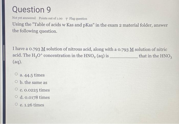 Question 9 Not Yet Answered Points Out Of 1 00 P Flag Question Using The Table Of Acids W Kas And Pkas In The Exam 2 M 1