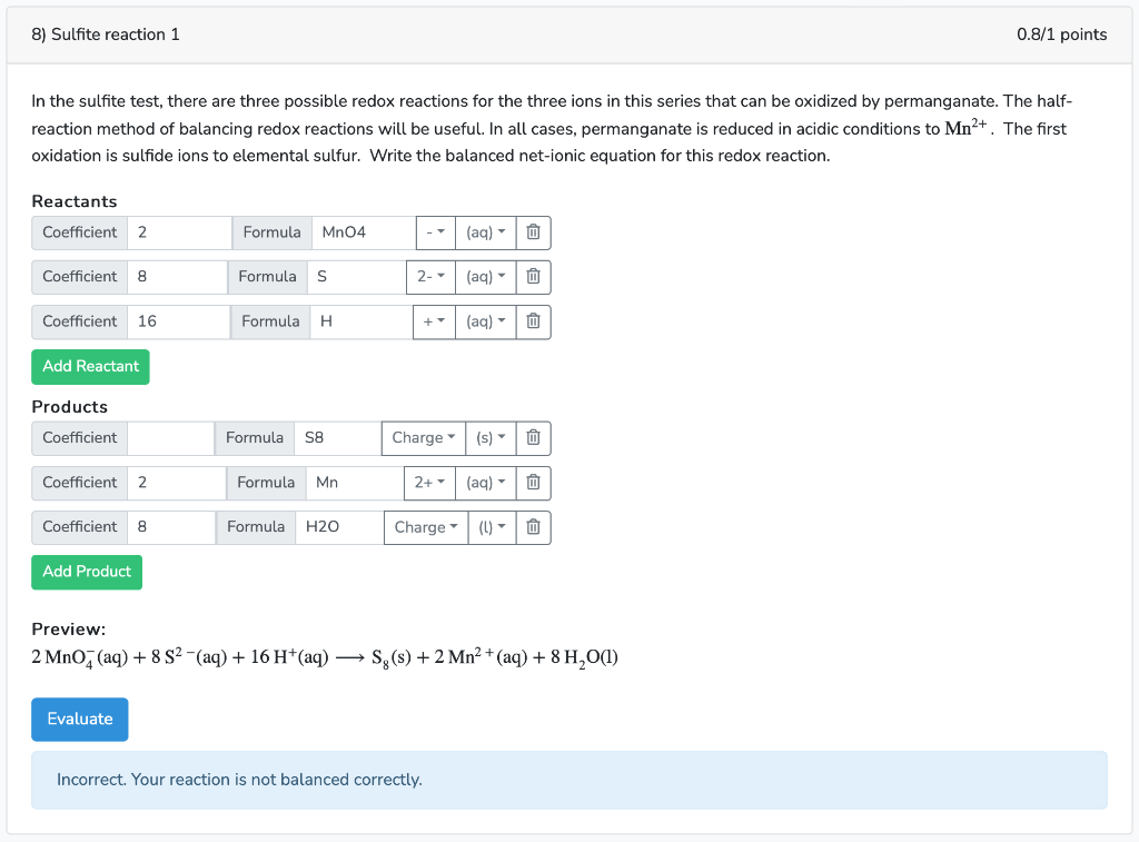 8 Sulfite Reaction 1 0 8 1 Points In The Sulfite Test There Are Three Possible Redox Reactions For The Three Ions In T 1