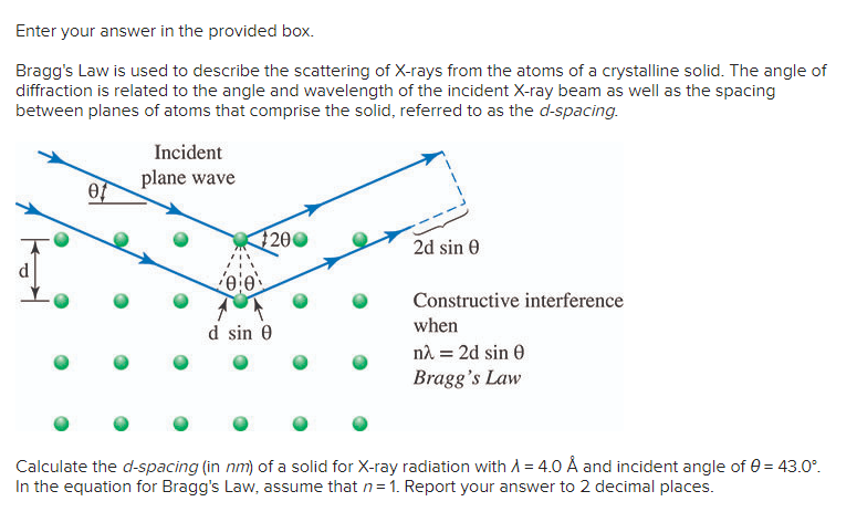 Enter Your Answer In The Provided Box Bragg S Law Is Used To Describe The Scattering Of X Rays From The Atoms Of A Crys 1