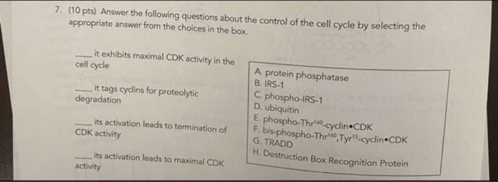 7 10 Pts Answer The Following Questions About The Control Of The Cell Cycle By Selecting The Appropriate Answer From 1