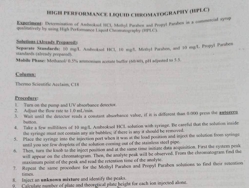 High Performance Liquid Chromatography Hplc Experiment Determination Of Ambroksol Hci Methyl Paraben And Propyl Para 1