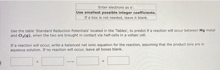 Enter Electrons As E Use Smallest Possible Integer Coefficients If A Box Is Not Needed Leave It Blank Use The Table 1