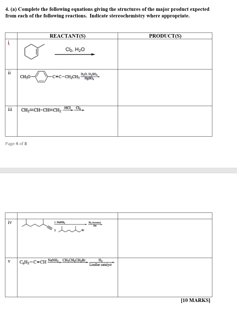 4 A Complete The Following Equations Giving The Structures Of The Major Product Expected From Each Of The Following R 1