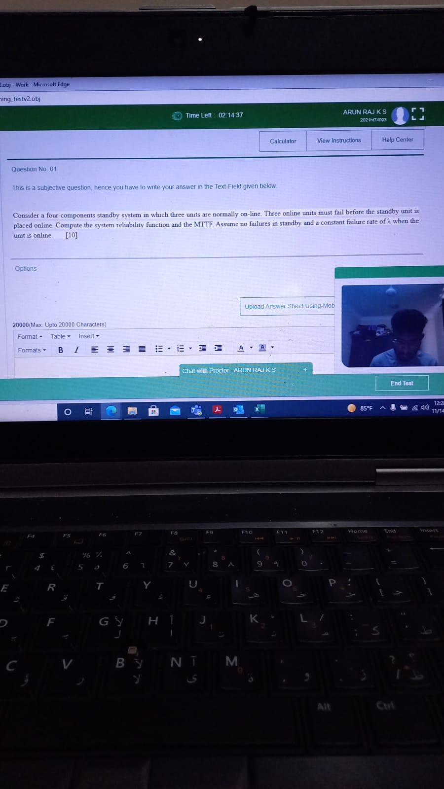 2 Obj Work Microsoft Edge Ning Testv2 Obj 30 Time Left 02 14 37 Arun Raj Ks 202174093 R Calculator View Instructi 1