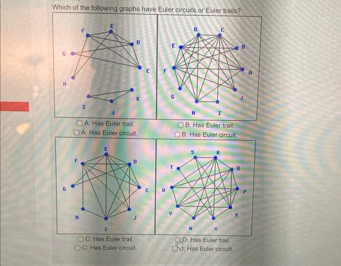 Which Of The Following Graphs Have Euler Circuits Or Euler Trails E D E I A Has Euler Trail A Has Euler Circuit B 1