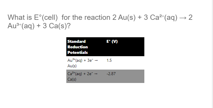 What Is E Cell For The Reaction 2 Au S 3 Ca2 Aq 2 Au3 Aq 3 Ca S E V Standard Reduction Potentials Aut 1
