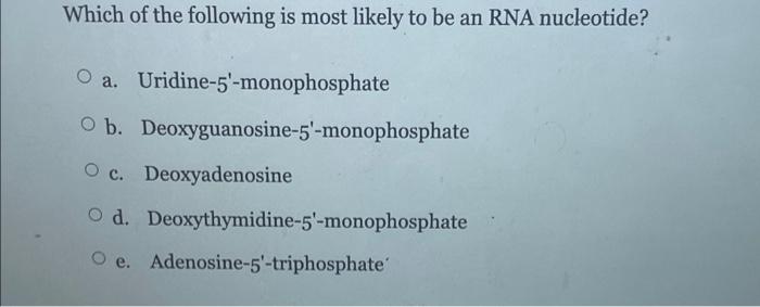 Which Of The Following Is Most Likely To Be An Rna Nucleotide O A Uridine 5 Monophosphate O B Deoxyguanosine 5 Mono 1