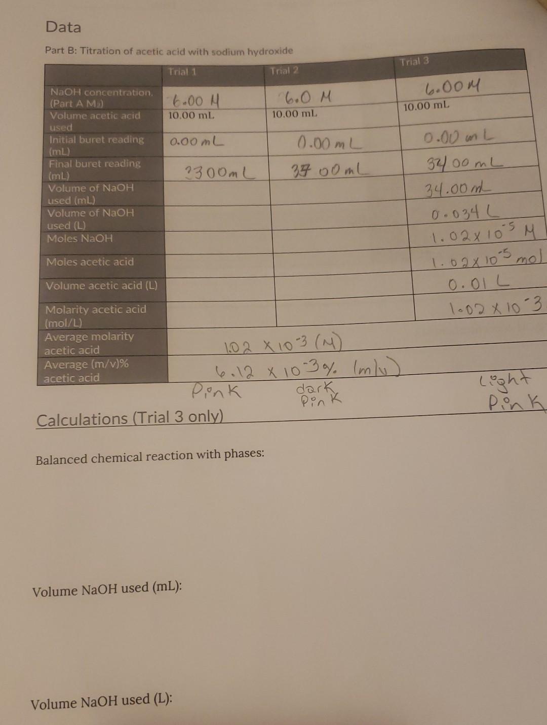 Name Section Date Calculations Trial 3 Only Moles Naoh Moles Acetic Acid Volume Acetic Acid L Molarity Aceti 3