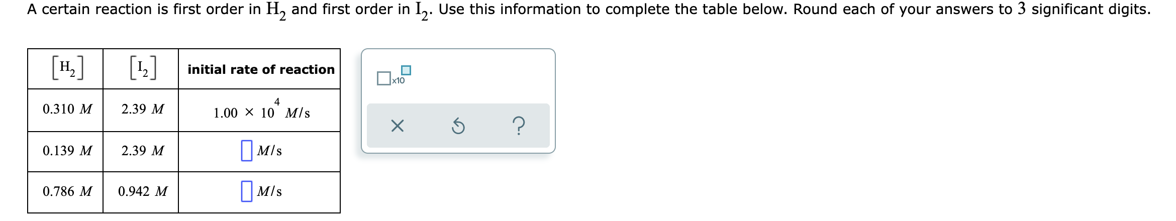 A Certain Reaction Is First Order In H And First Order In 12 Use This Information To Complete The Table Below Round E 1