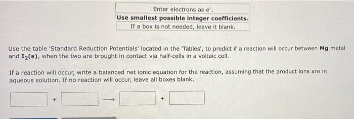 Enter Electrons As E Use Smallest Possible Integer Coefficients If A Box Is Not Needed Leave It Blank Use The Table 1