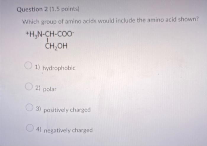 Question 2 1 5 Points Which Group Of Amino Acids Would Include The Amino Acid Shown H3n Ch Coo Ch Oh 1 Hydrophob 1