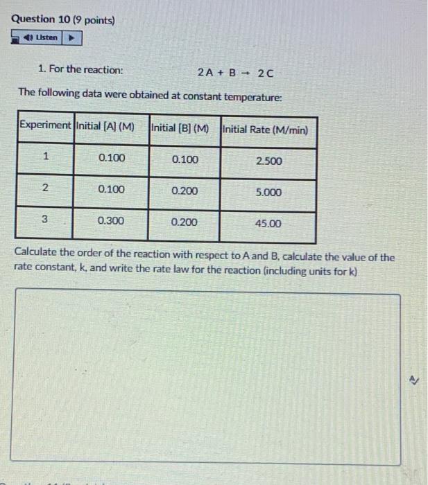 Question 10 9 Points Listen 1 For The Reaction 2a B 20 The Following Data Were Obtained At Constant Temperatur 1