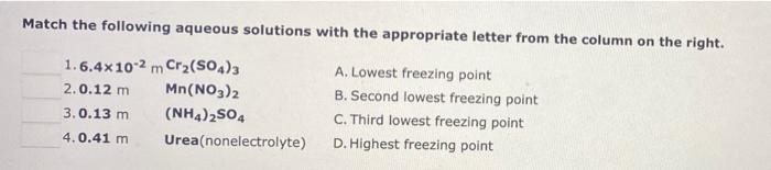 Match The Following Aqueous Solutions With The Appropriate Letter From The Column On The Right 1 6 4x10 2 M Cr2 So4 3 2 1