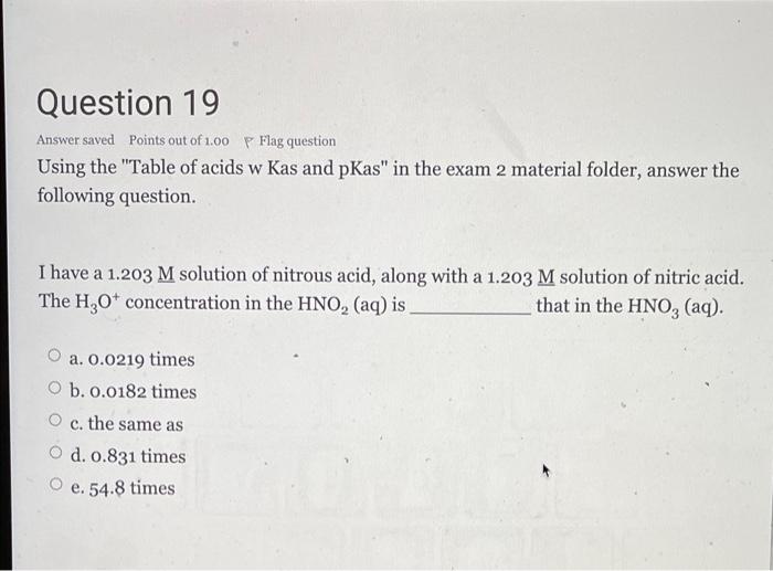 Question 19 Answer Saved Points Out Of 100 P Flag Question Using The Table Of Acids W Kas And Pkas In The Exam 2 Mater 1