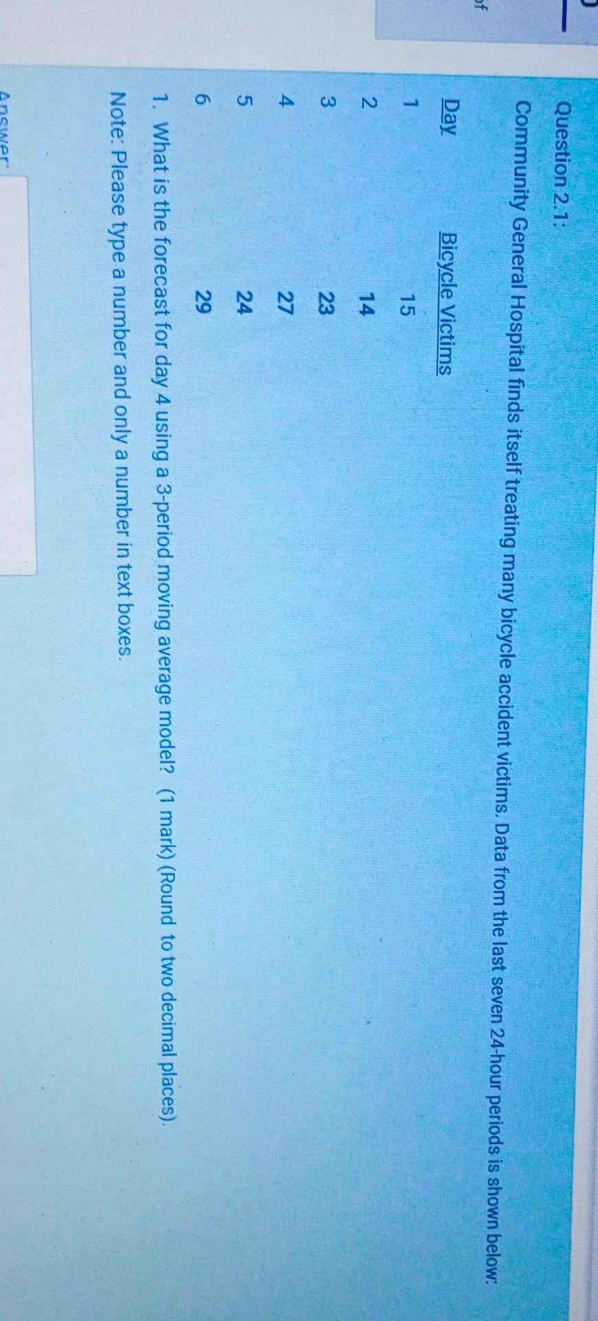 Question 2 1 Community General Hospital Finds Itself Treating Many Bicycle Accident Victims Data From The Last Seven 2 1