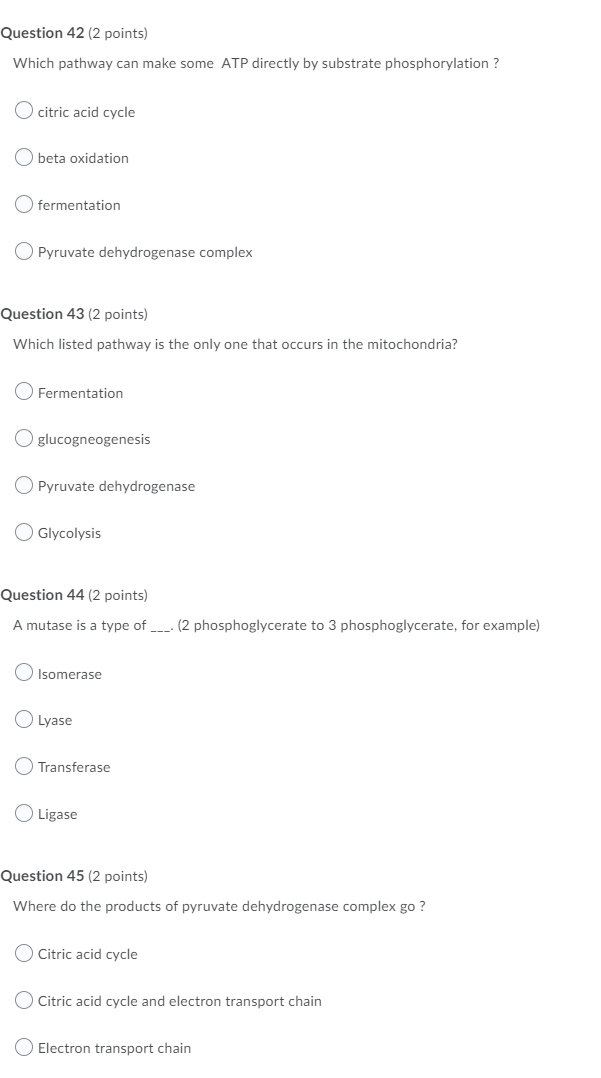 Question 42 2 Points Which Pathway Can Make Some Atp Directly By Substrate Phosphorylation O Citric Acid Cycle Beta 1