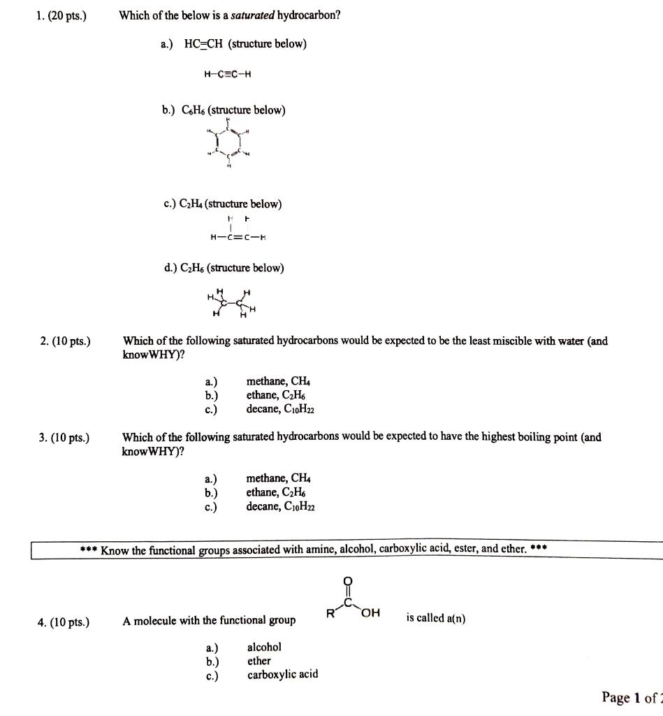 1 20 Pts Which Of The Below Is A Saturated Hydrocarbon A Hc Ch Structure Below H C C H B C H Structure Belo 1