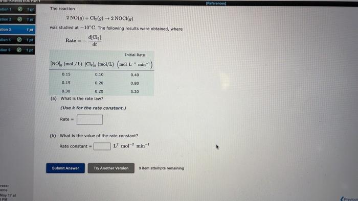 Analog References Atlon 1 Stion2 The Reaction 2 No G Cl 9 Noci 9 Was Studied At 10 C The Following Results Wer 2