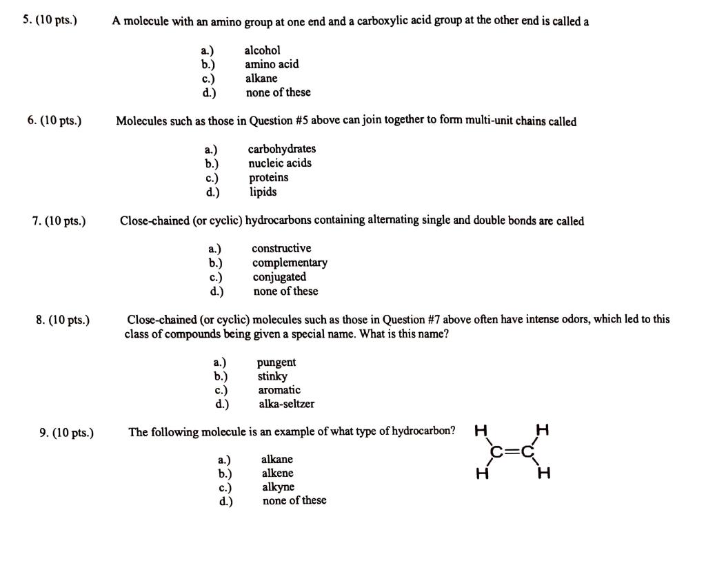 5 10 Pts A Molecule With An Amino Group At One End And A Carboxylic Acid Group At The Other End Is Called A A B 1