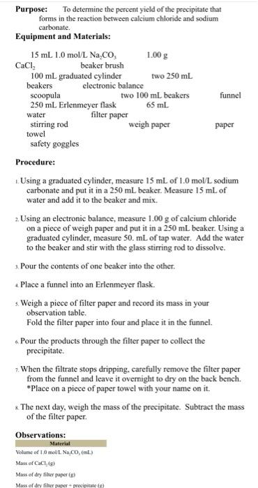 Purpose To Determine The Percent Yield Of The Precipitate That Forms In The Reaction Between Calcium Chloride And Sodiu 1