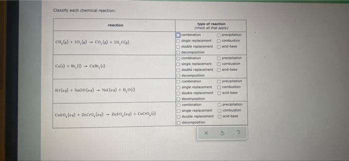 Classify Each Chemical Reaction Reaction Ch 20 Co 2h206 C 6 Cat 6 Type Of Reaction Check A 1