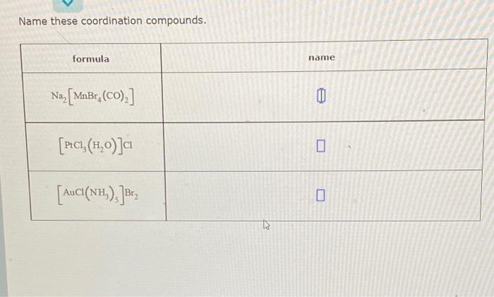 Name These Coordination Compounds Formula Nanie Na Mnbry Co Plci H20 Aucl Nhl B 0 Ins 1