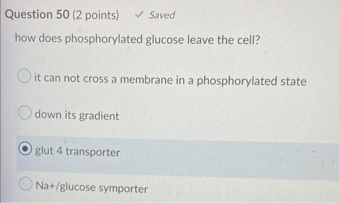 Question 50 2 Points Saved How Does Phosphorylated Glucose Leave The Cell It Can Not Cross A Membrane In A Phosphor 1