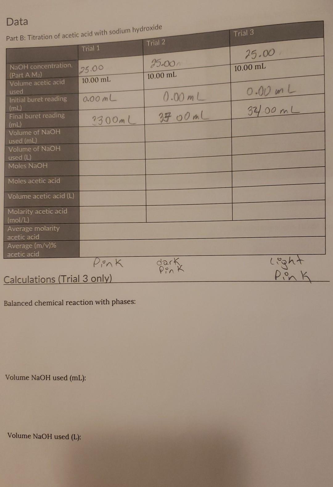Section Date Calculations Trial 3 Only Moles Naoh Moles Acetic Acid Volume Acetic Acid L Molarity Acetic Acid 3