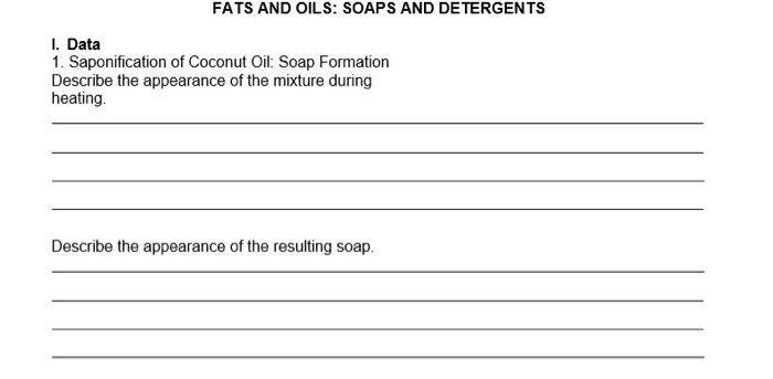 Fats And Oils Soaps And Detergents I Data 1 Saponification Of Coconut Oil Soap Formation Describe The Appearance Of 1