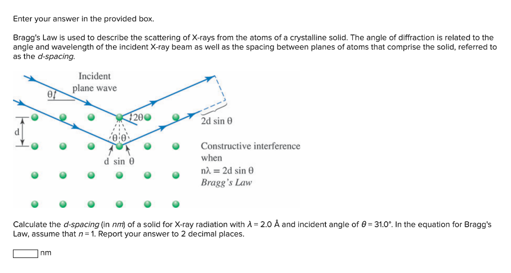 Enter Your Answer In The Provided Box Bragg S Law Is Used To Describe The Scattering Of X Rays From The Atoms Of A Crys 1