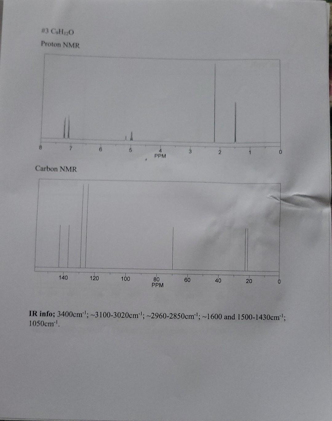 H3 Cho Proton Nmr W B 4 Ppm 2 1 Carbon Nmr 140 120 100 60 80 Ppm 40 20 0 Ir Info 3400cm 3100 3020cm 2960 2850cm 1