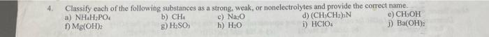 4 Classify Each Of The Following Substances As A Strong Weak Or Nonelectrolytes And Provide The Correct Name A Nh H2 1