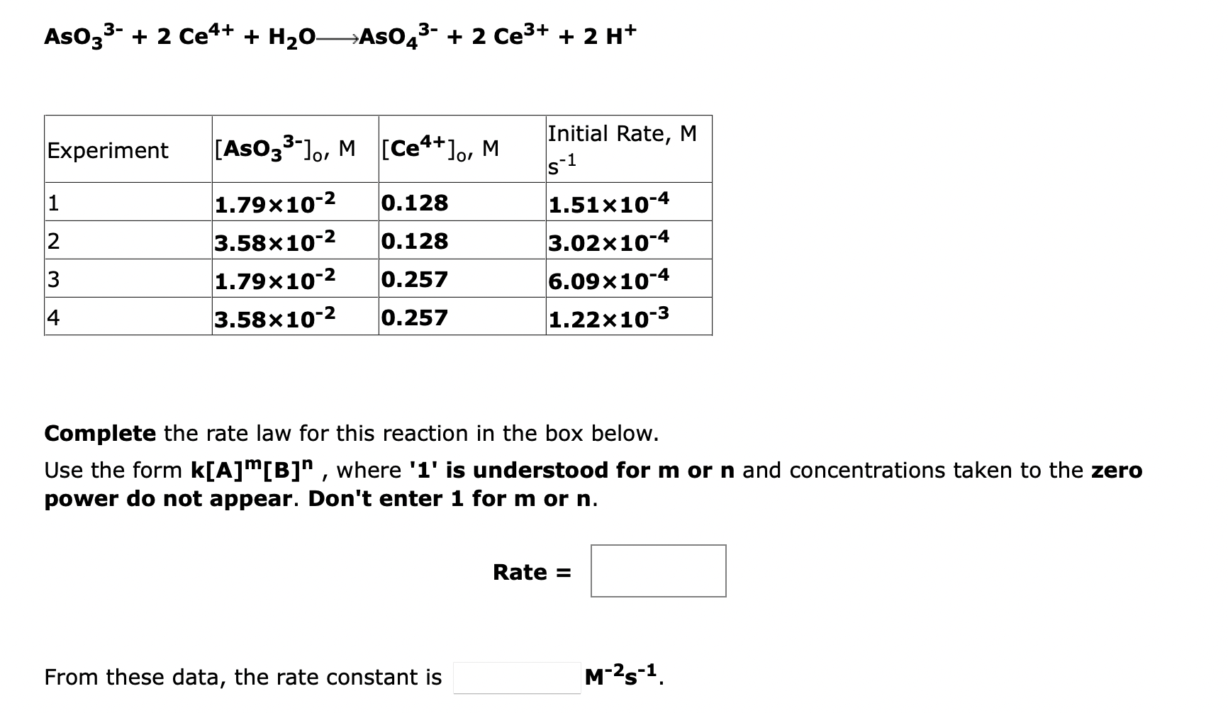 As033 2 Ce4 H20a5043 2 Ce3 2 H Initial Rate M Experiment Aso33 M Ce4 O M S 1 1 0 128 2 0 128 1 79x1 1