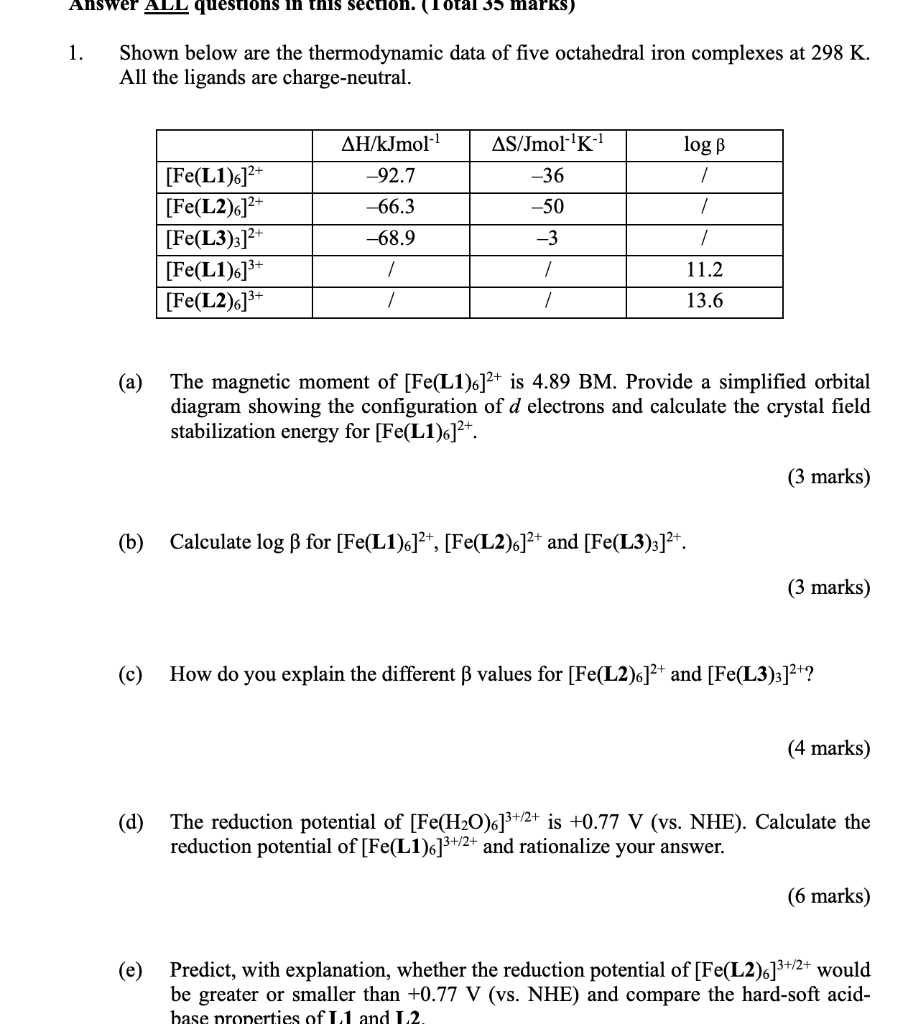 Answer All Questions In This Section 35 Marks 1 Shown Below Are The Thermodynamic Data Of Five Octahedral Iron Comple 1