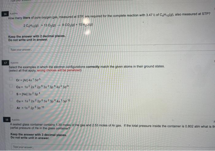 Type Your 16 4 Points How Many Liters Of Pure Oxygen Gas Measured At Stp Are Required For The Complete Reaction With 3 1