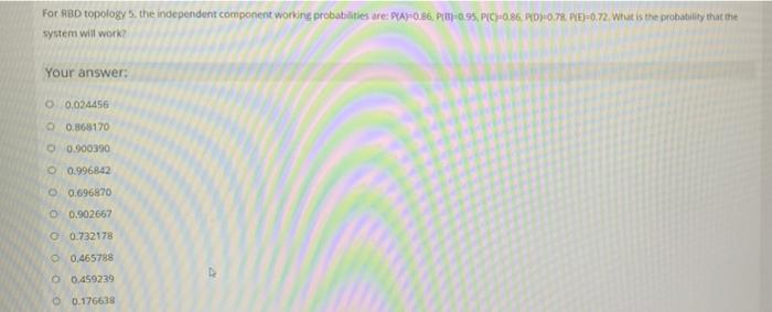 For Rbd Topology The Independent Component Working Probabilities Are Pa 0 86 P 0 95 Plc 20 86 Mdh0 78 Ple 0 72 Wh 1