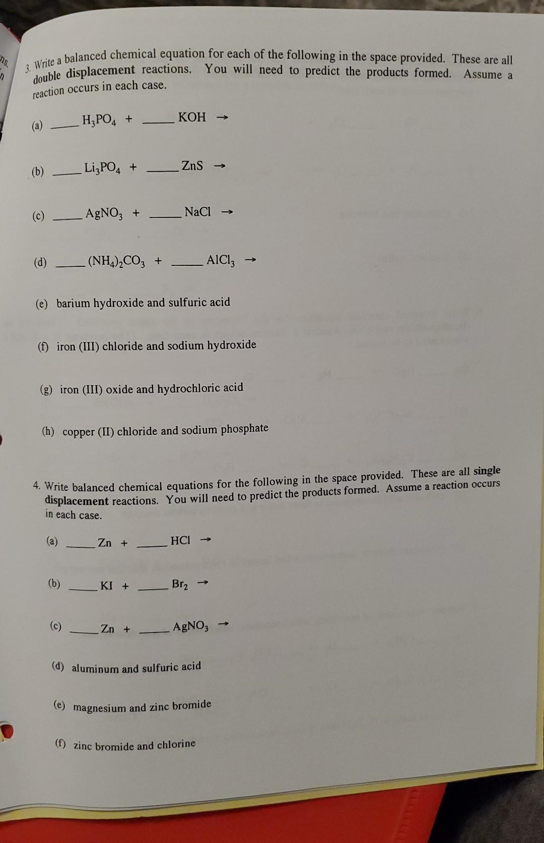 Ns 3 Write A Balanced Chemical Equation For Each Of The Following In The Space Provided These Are All Double Displace 1