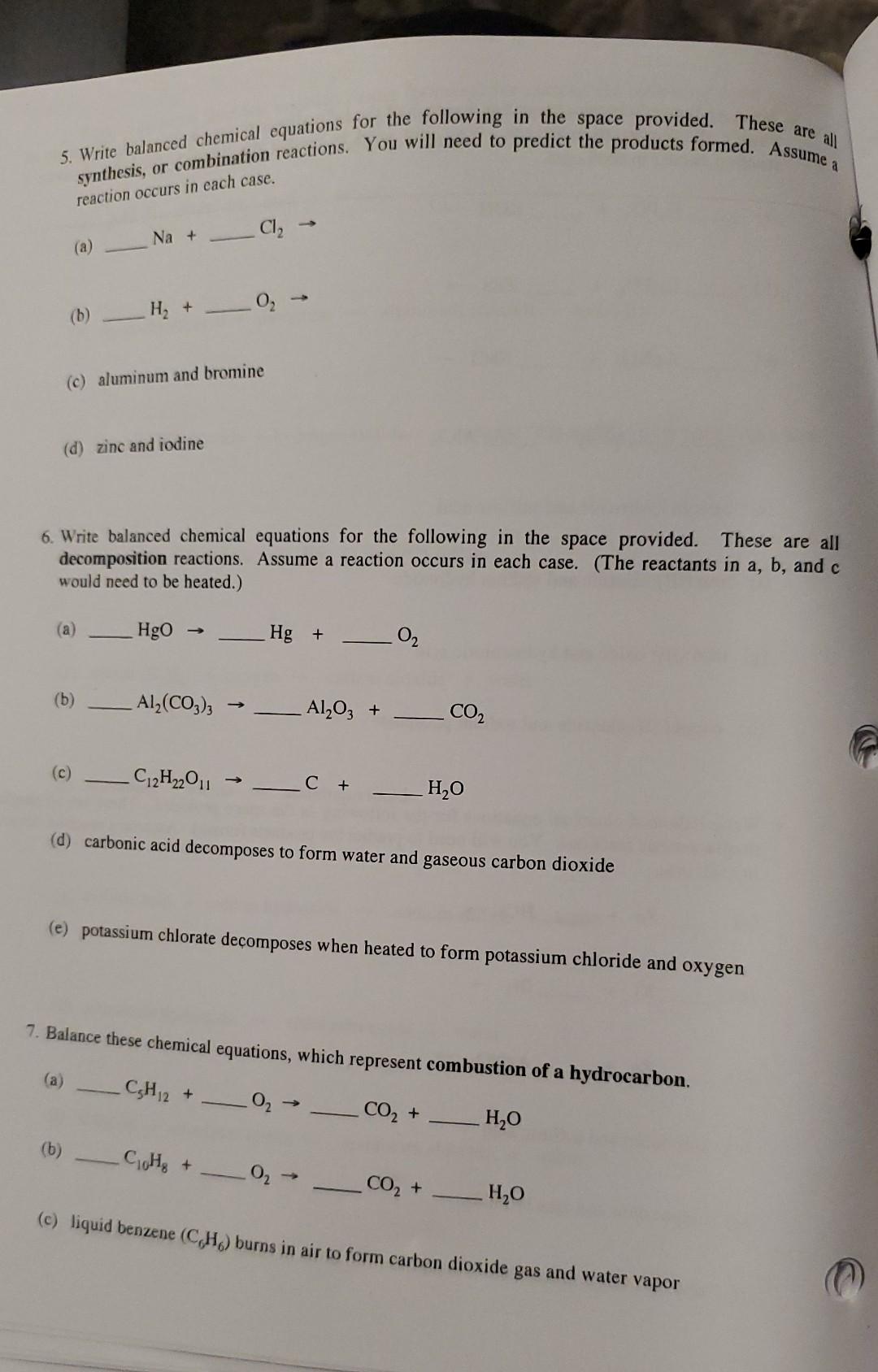 These Are All 5 Write Balanced Chemical Equations For The Following In The Space Provided Synthesis Or Combination Re 1