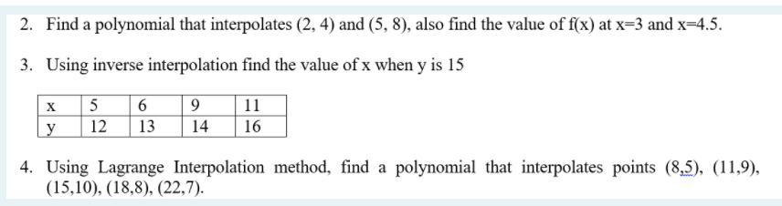 2 Find A Polynomial That Interpolates 2 4 And 5 8 Also Find The Value Of F X At X 3 And X 4 5 3 Using Inverse 1