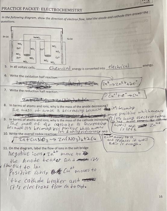 Practice Packet Electrochemistry Questions In The Following Diagram Show The Direction Of Electron Flow Label The An 1