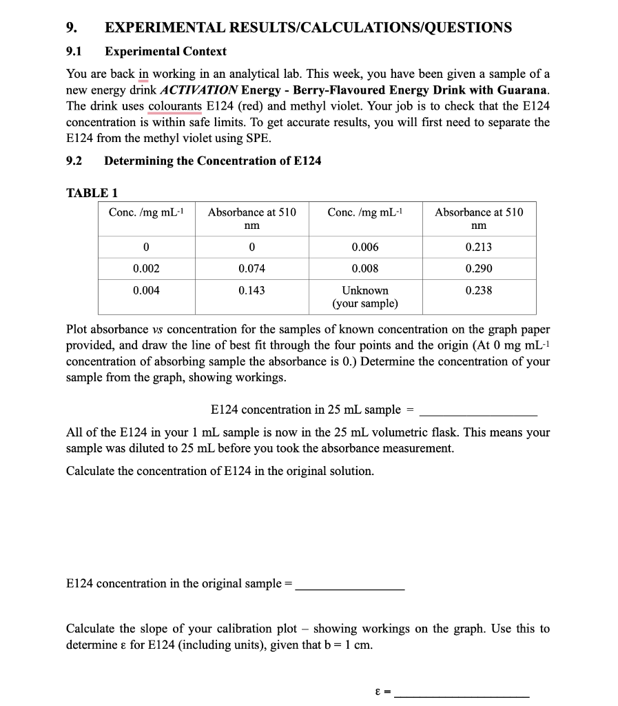 9 Experimental Results Calculations Questions 9 1 Experimental Context You Are Back In Working In An Analytical Lab Th 1