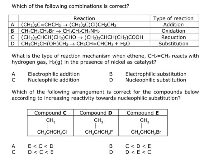 Which Of The Following Combinations Is Correct Reaction A Ch3 2c Chch3 Ch3 2c Ci Ch2ch3 B Ch3ch2ch2br Ch3ch2ch2nh 1